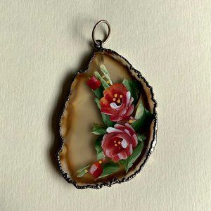 Hand Painted Floral Agate Pendant